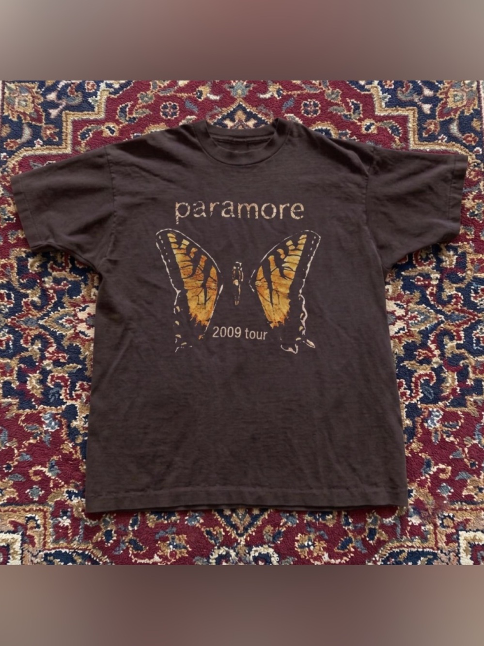 2009 Tour Paramore Brown T-Shirt with Yellow Butterfly Graphic